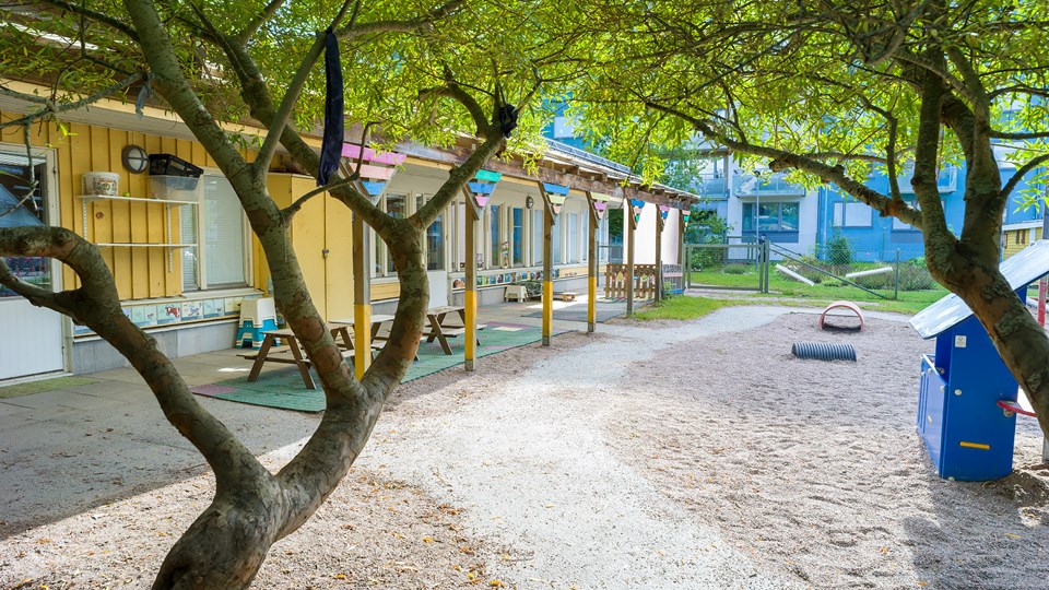 Överblick av Solskenets förskolas skolgård och byggnad