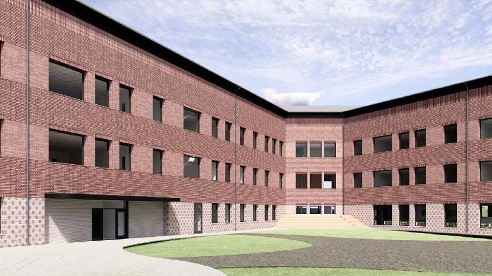 Bild på arkitektskiss av Gunsta skolas gård