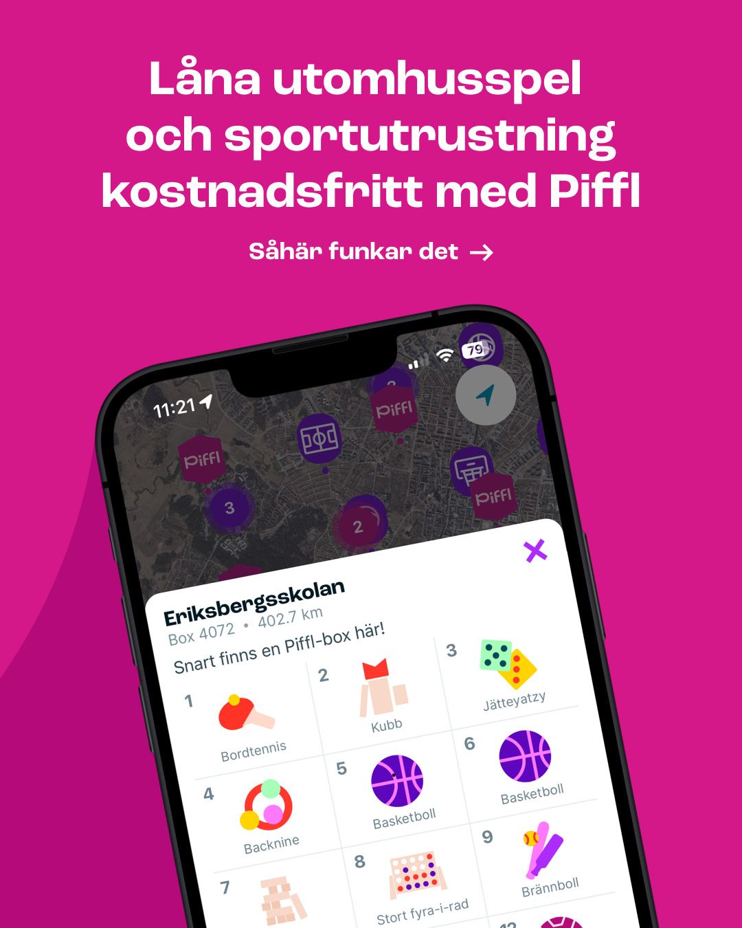 Illustration över mobilapplikation där man kan låna aktivitetsutrustning.