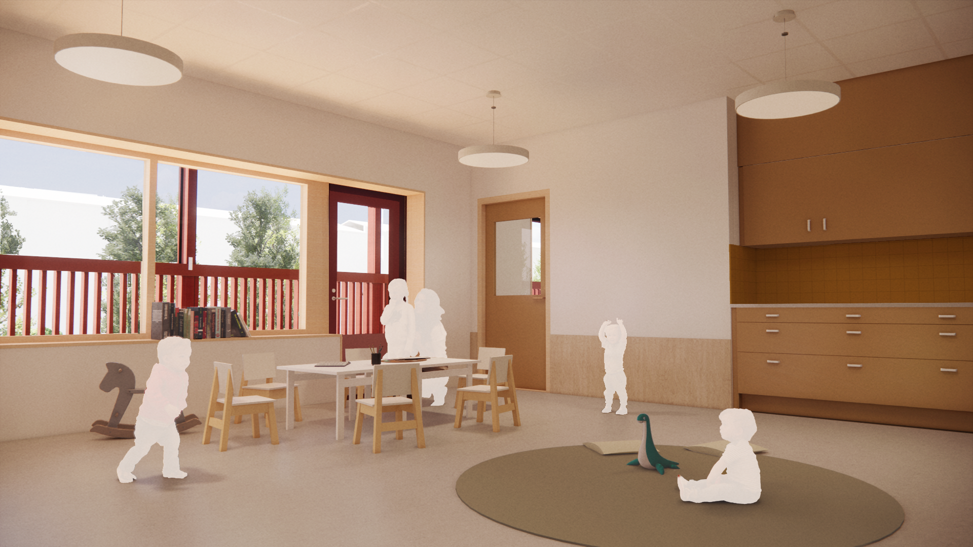 Arkitektskiss över en lekyta i förskola som ska byggas.
