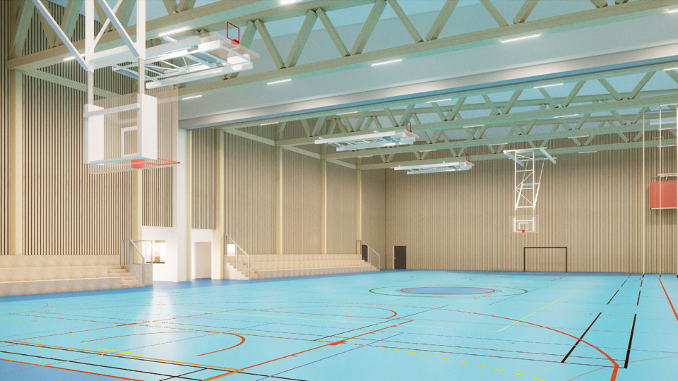 Illustration över en ny idrottshall som ska byggas.