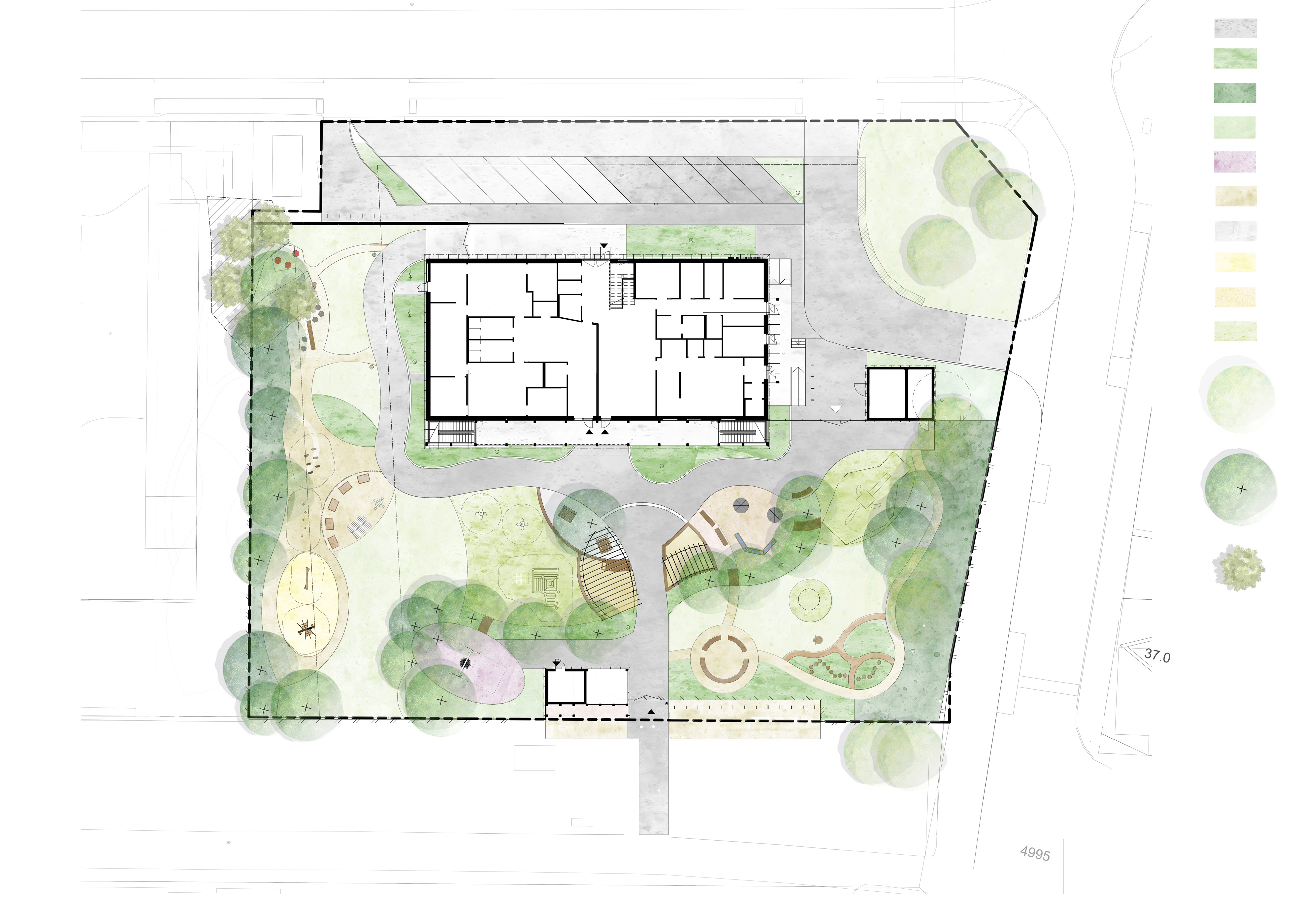 Landskapsritning över Källparkens nya förskola.