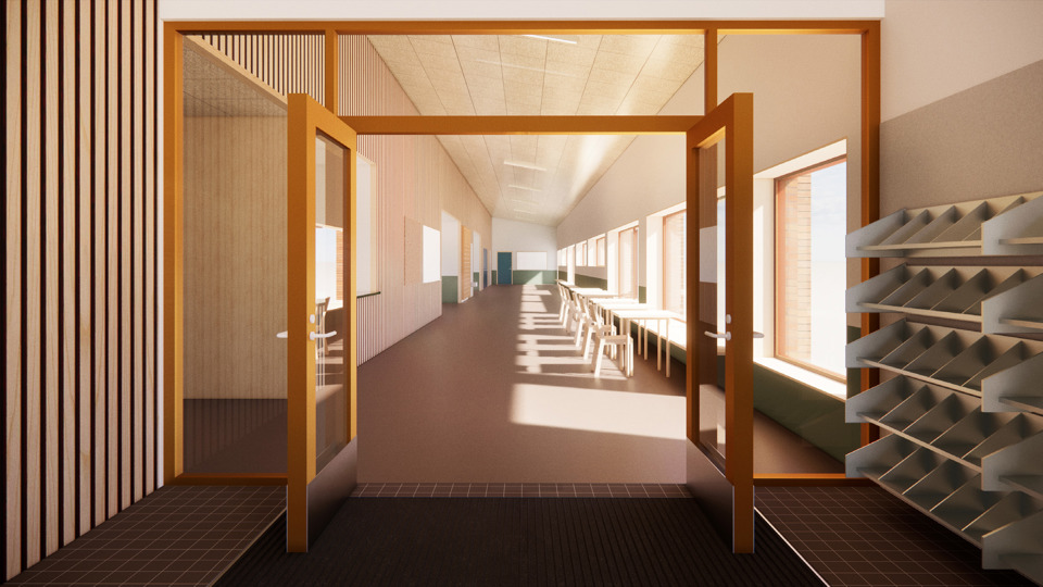 Illustration över innemiljö i en ny skola som ska byggas.