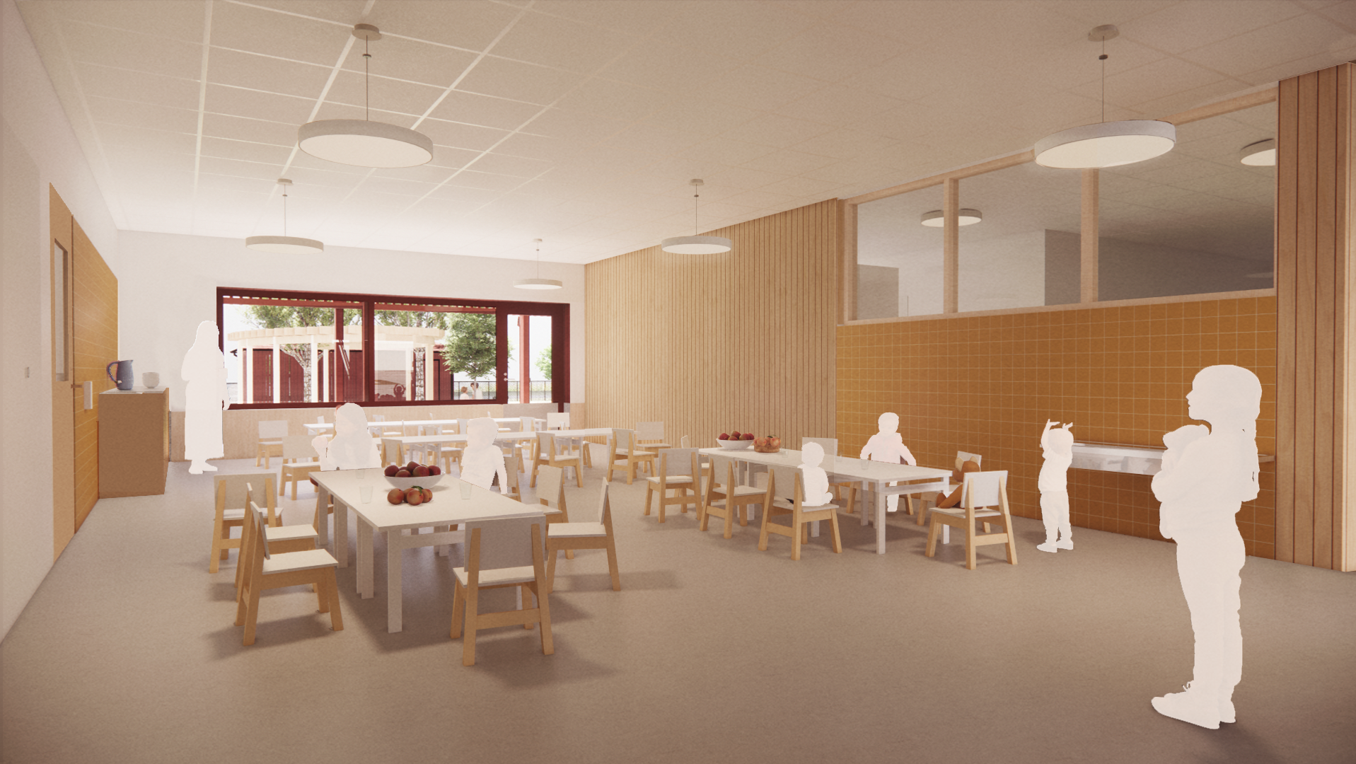 Arkitektskiss över matsal i en förskola som ska byggas.