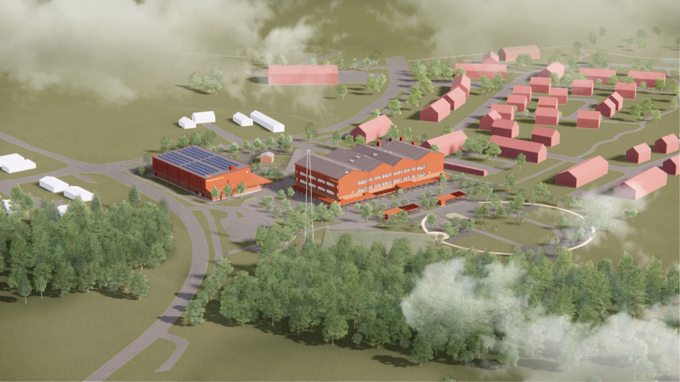 Skiss med flygvy över ny skola som ska byggas i Bälinge.