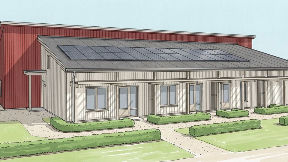 Ilustration över en byggnad med grönt gräs i förgrunden och åkermark i bakgrunden.