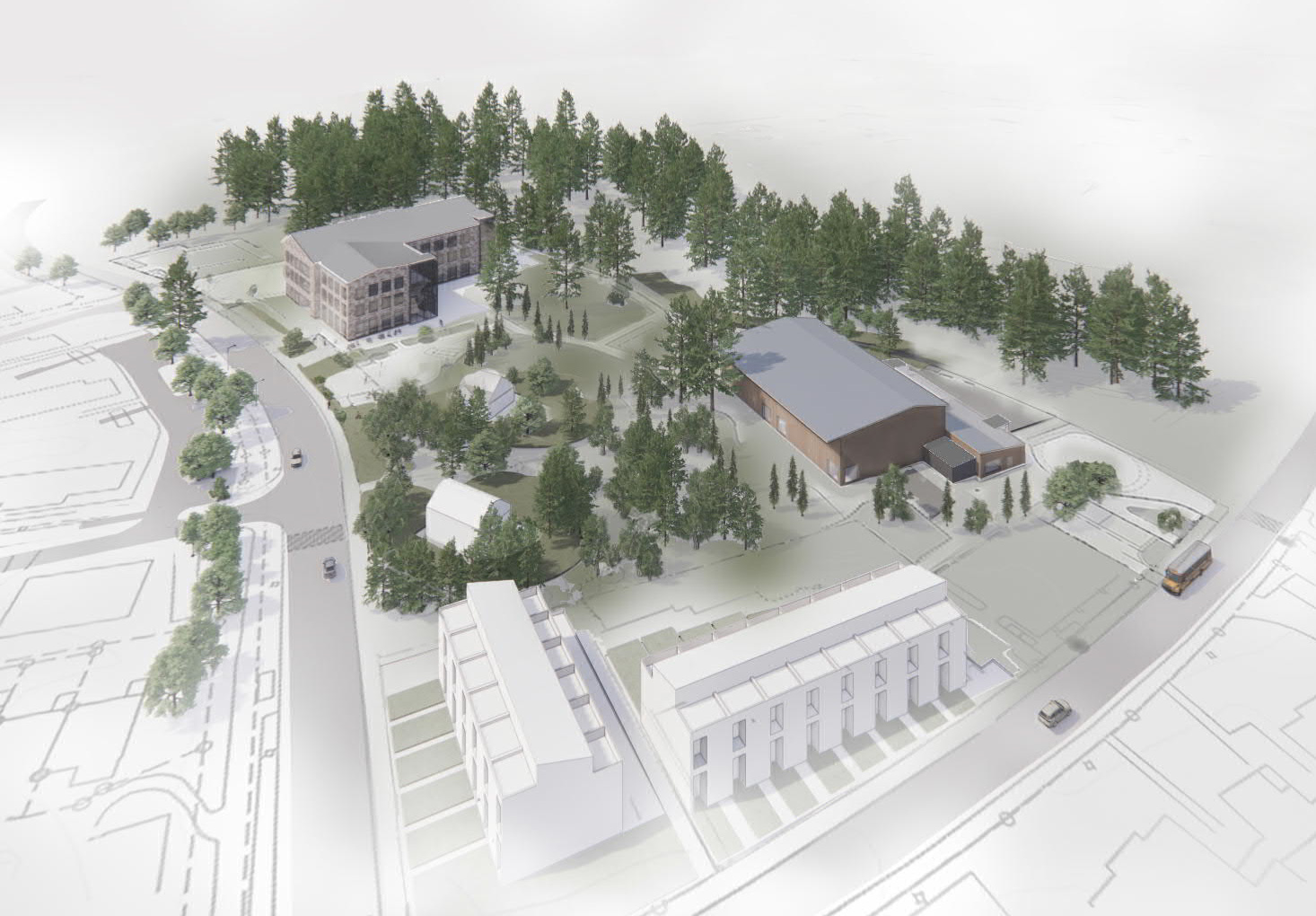 Arkitektskiss av Flogsta Skola och Idrottshall fågelperspektiv
