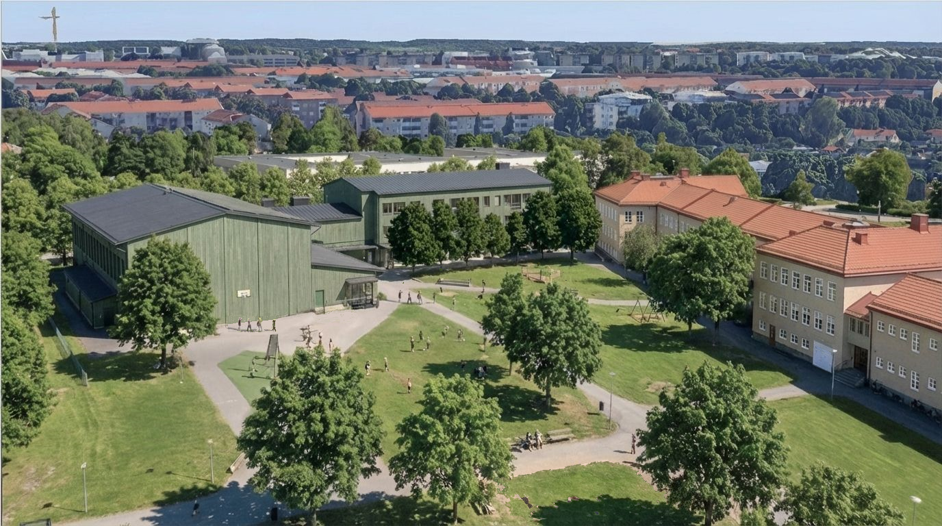Arkitektillustration över Almtunaskolans nya skolbyggnader och utemiljö