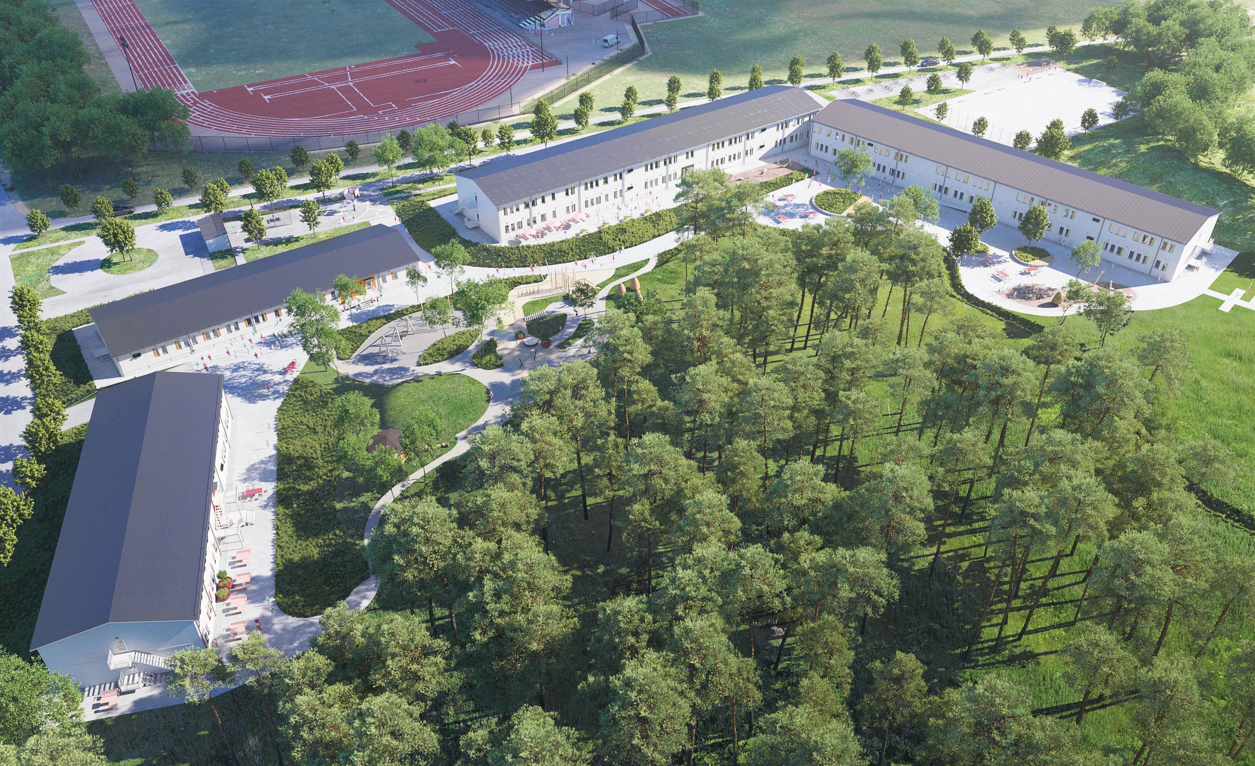 Arkitektskiss över Kvarngärdesskolans nya modulskola.