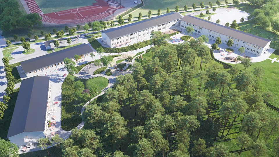 Bild på arkitektskiss över Kvarngärdesskolans nya modulskola