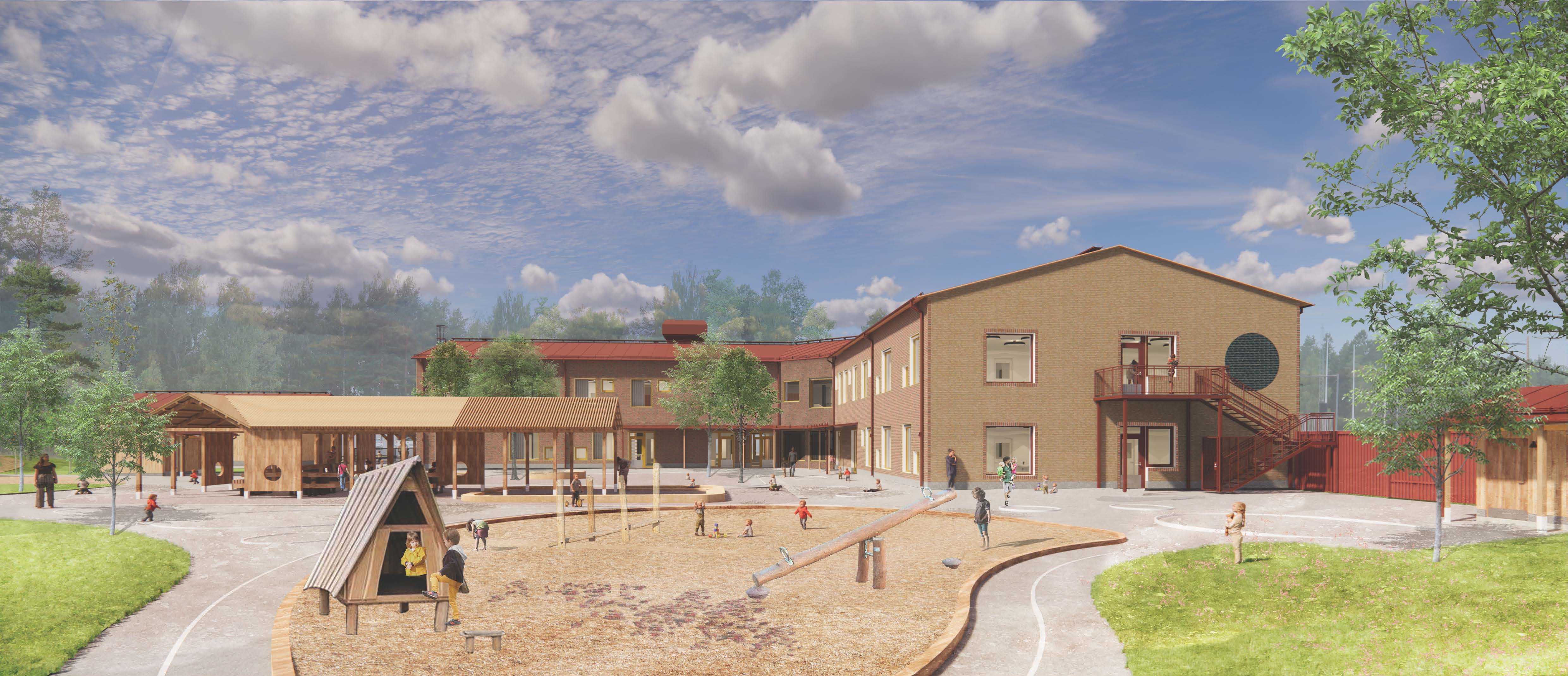 Bild på arkitektskiss av en förskola med barn i förgrunden