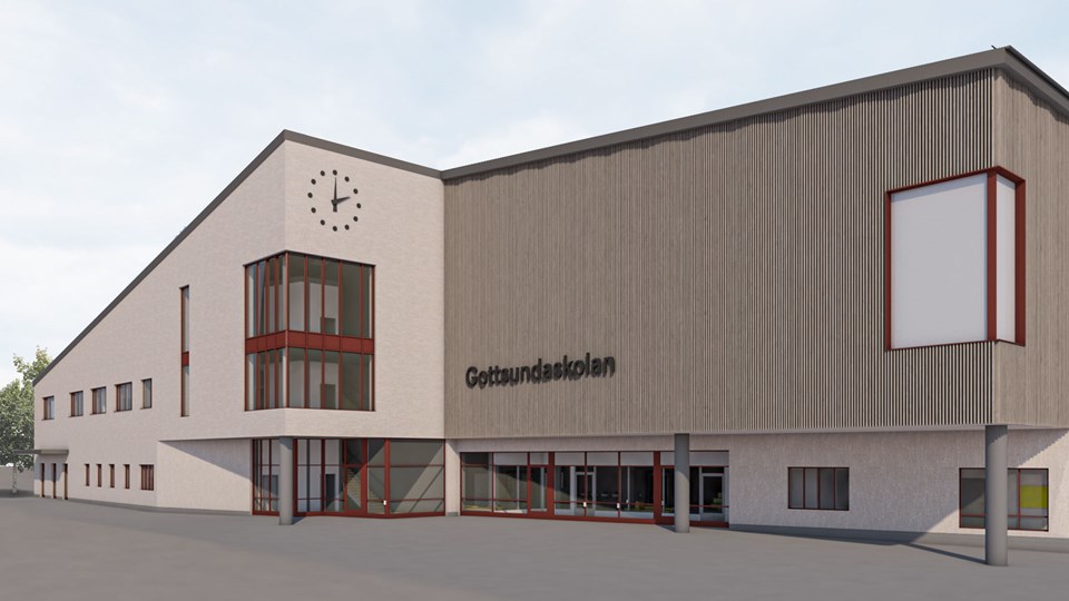 Arkitektillustration som visar entrédel på nya Gottsundaskolan