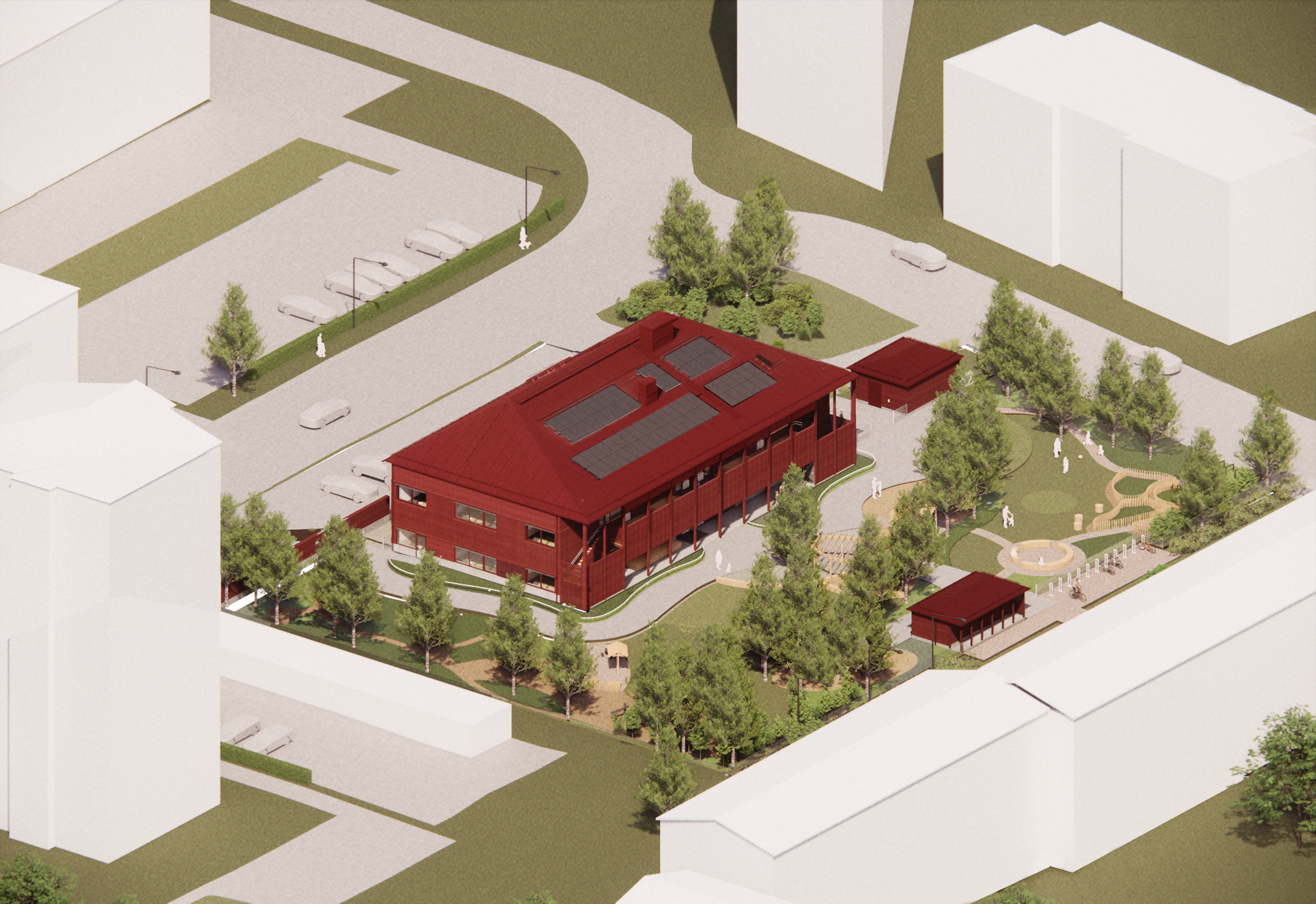 Arkitektskiss med flygvy över en röd förskola som ska byggas.