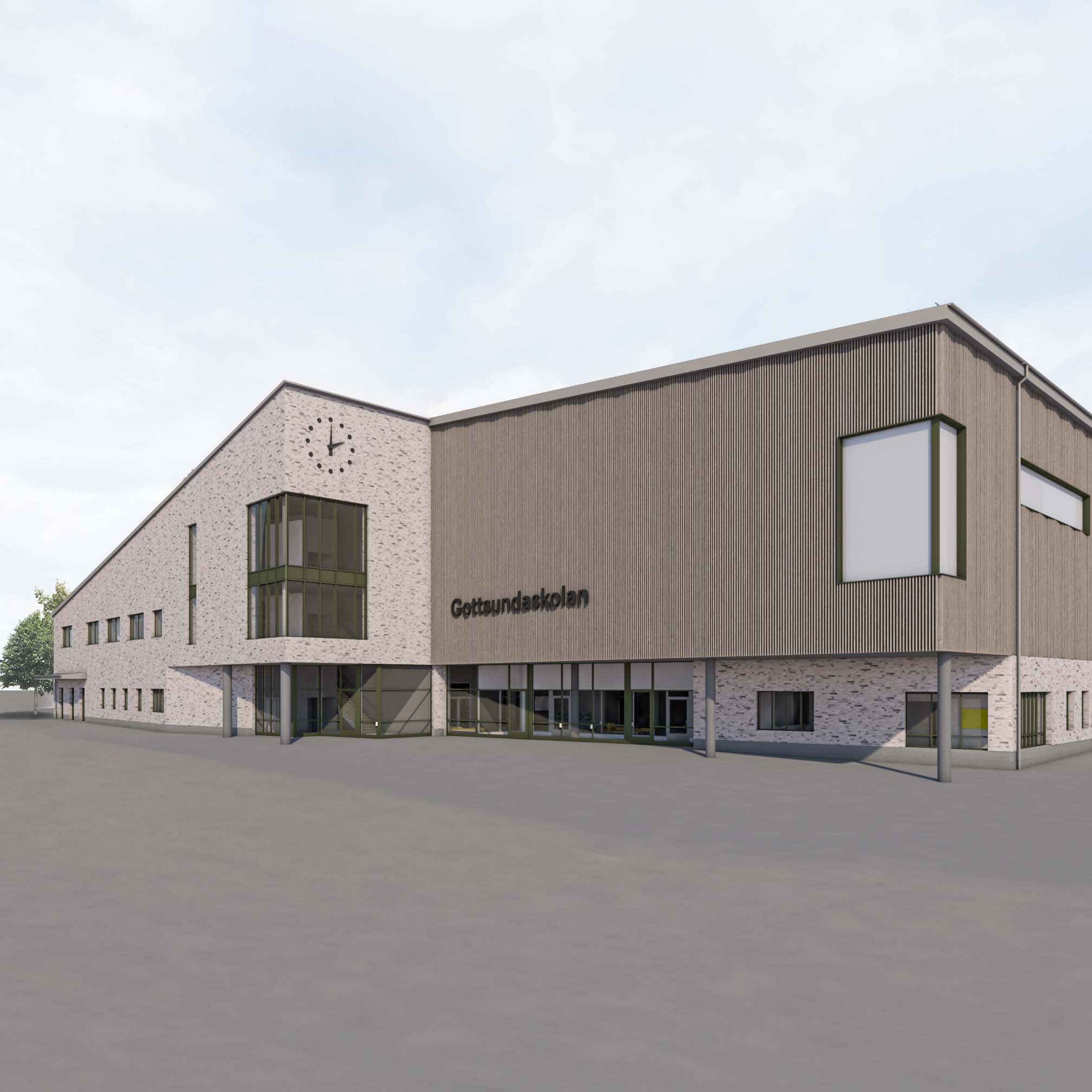 Arkitektillustration som visar nya Gottsundaskolans entrédel