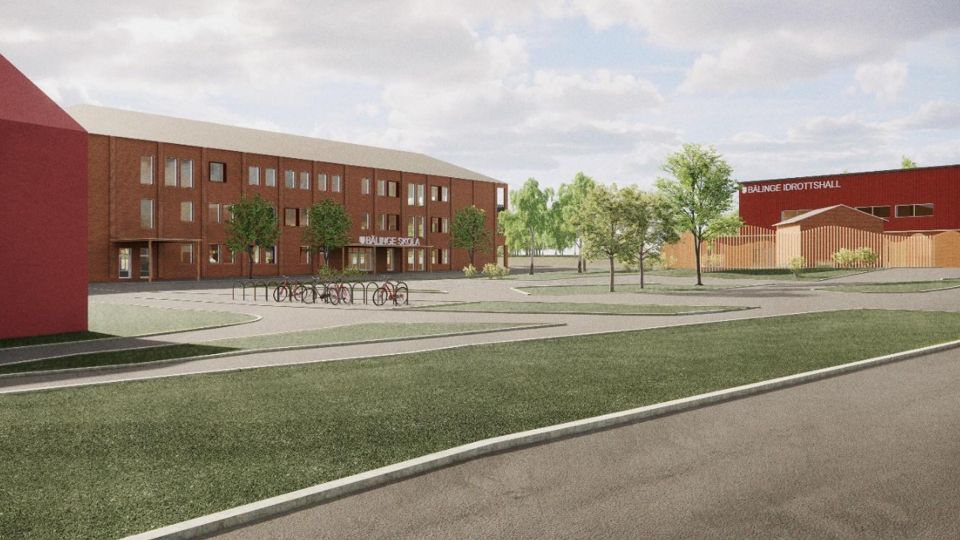 Illustration över en ny, röd skola med idrottshall som ska byggas