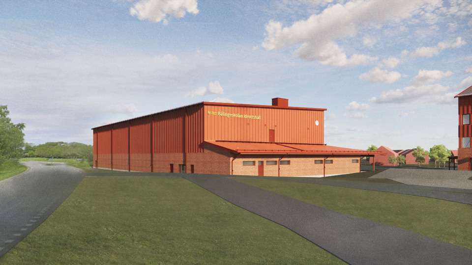 Illustration över en ny, röd idrottshall som ska byggas.