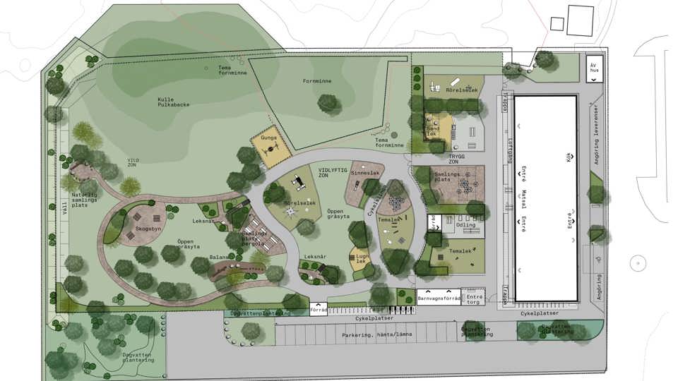 Illustrationsplan över en gård vid en ny förskola som ska byggas.