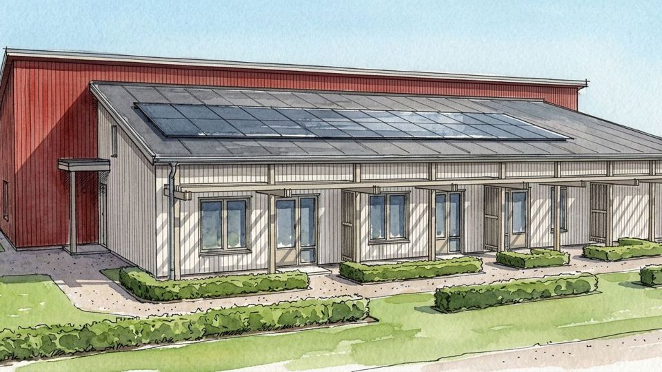 Ilustration över en byggnad med grönt gräs i förgrunden och åkermark i bakgrunden.
