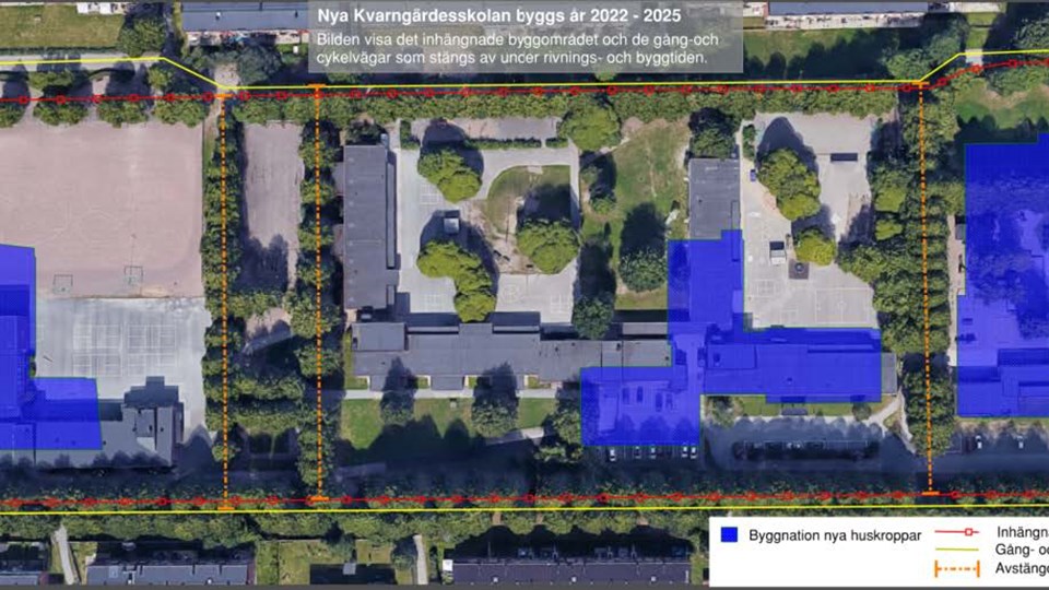 Bild på områdeskarta med avstängningar - bygget av Nya Kvarngärdesskolan