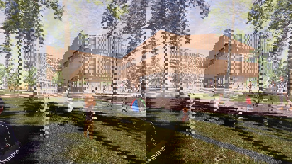 Illustration av förskola med barn i förgrunden.