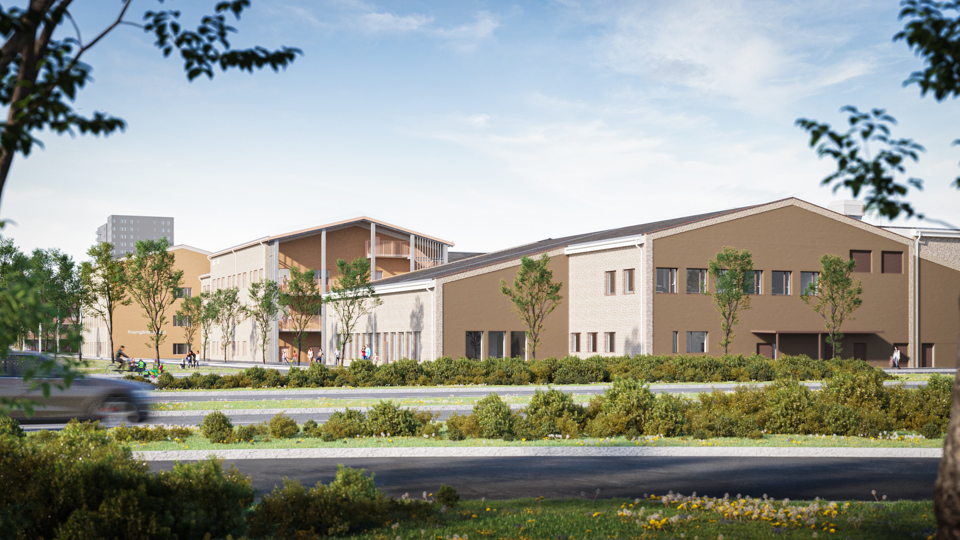 Arkitektskiss av kvarngärdesskolan.