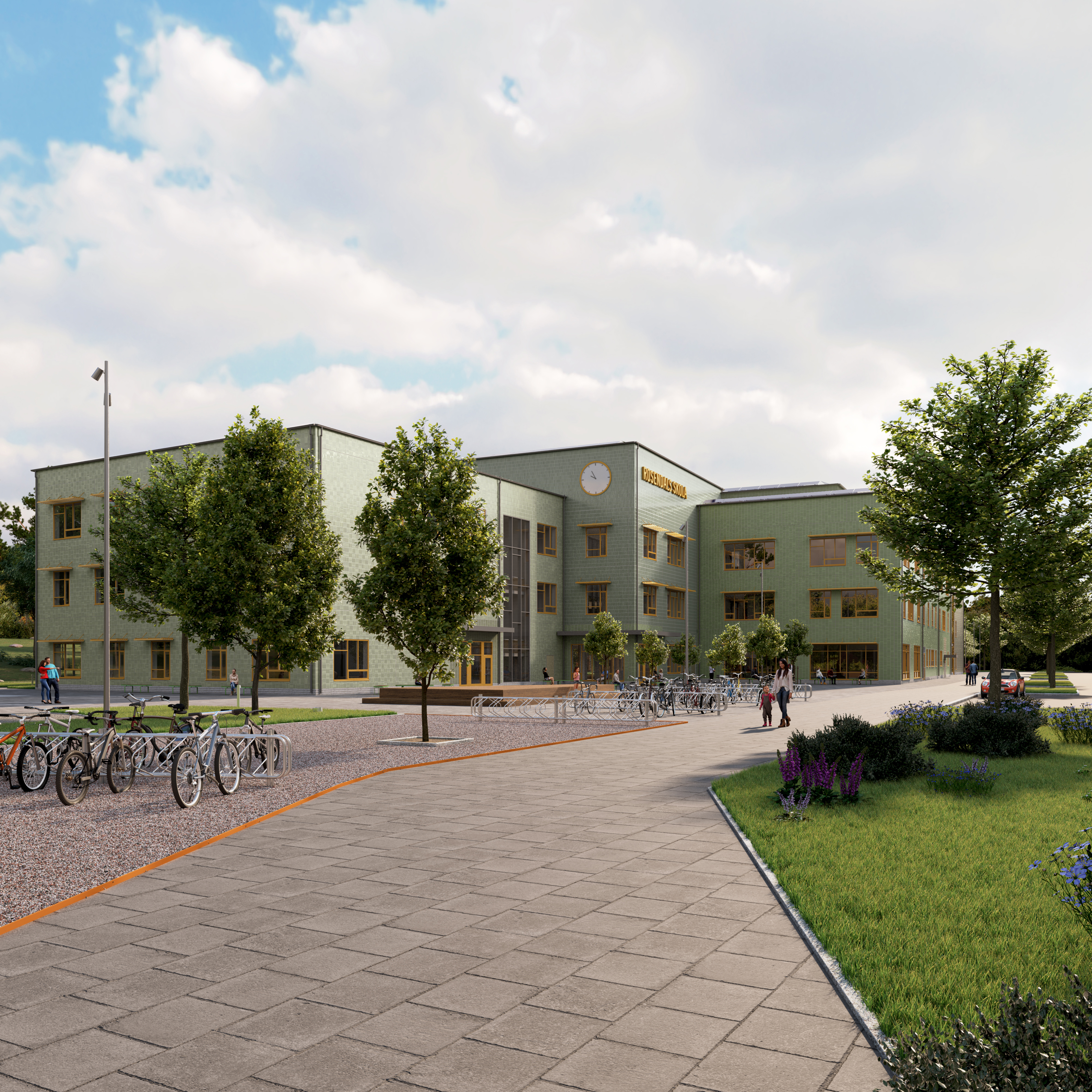 Arkitektskiss av Rosendals skola.